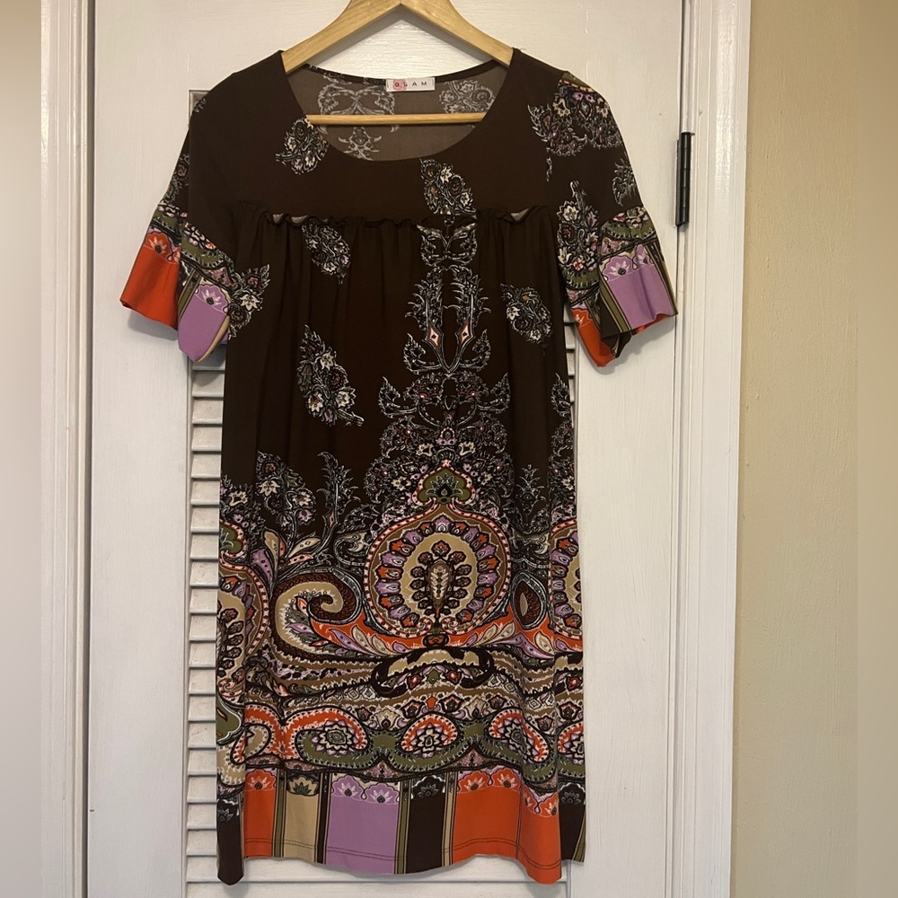 Glam Brown Paisley Dress Sz XS